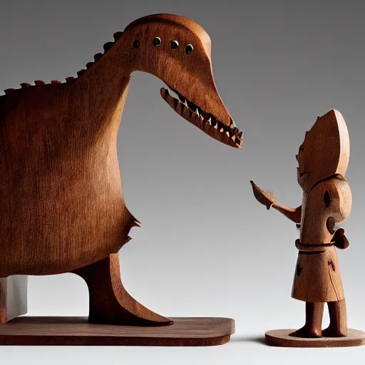 Image similar to wooden sculpture of a viking and a dinosaur, polished maple, thoughtful, elegant, real