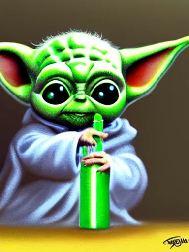 Prompt: baby yoda smocking a joint, weed, digital painting, artstation, highly detailed