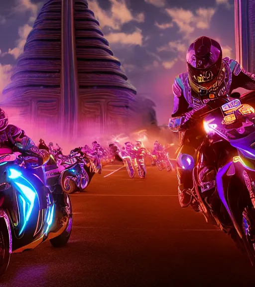 Prompt: extremely psychedelic tron legacy crowded motorcycle race to the ancient and majestic tower of babylon destroyed, hyper realistic, ambient lighting, concept art, intricate, hyper detailed, trakovsky greatest scene, smooth, dynamic volumetric lighting, octane, raytrace, cinematic, high quality, high resolution, 4 k, cgsociety, rutkowski, gurney