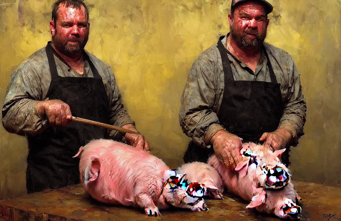 Image similar to portrait of pig butcher!!!!!!!!!!!!!!!!!!!!!!!!!!!, detailed face, detailed painting,, epic lighting, by ilya repin, phil hale and kent williams