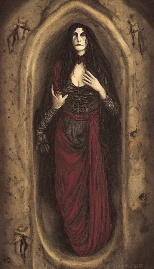 Prompt: carmilla vampire, classical painting, catacombs