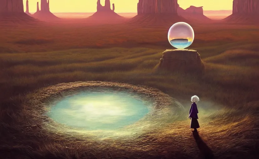 Image similar to a scary hyperrealist painting of a tribal elder in a giant transparent forcefield crystal ball from howl's moving castle ( 2 0 0 4 ) in a flooded monument valley stonehenge jungle. depth perception, 4 k, artstation, in the style of studio ghibli