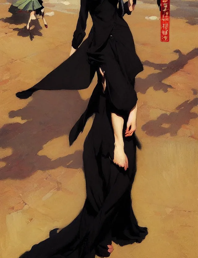 Image similar to savvy — today at 4 : 0 2 pm beautiful anime woman in tight black dress with high slit, krenz cushart, mucha, by joaquin sorolla rhads leyendecker, by ohara koson