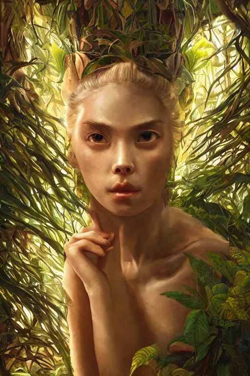 Image similar to stunningly beautiful, prima ballerina in jungle, symmetrical face, golden hour, smooth, focus, highly detailed, hyper realistic, dramatic lighting, elegant, intricate, concept art, art by wlop, mars ravelo, greg rutowski