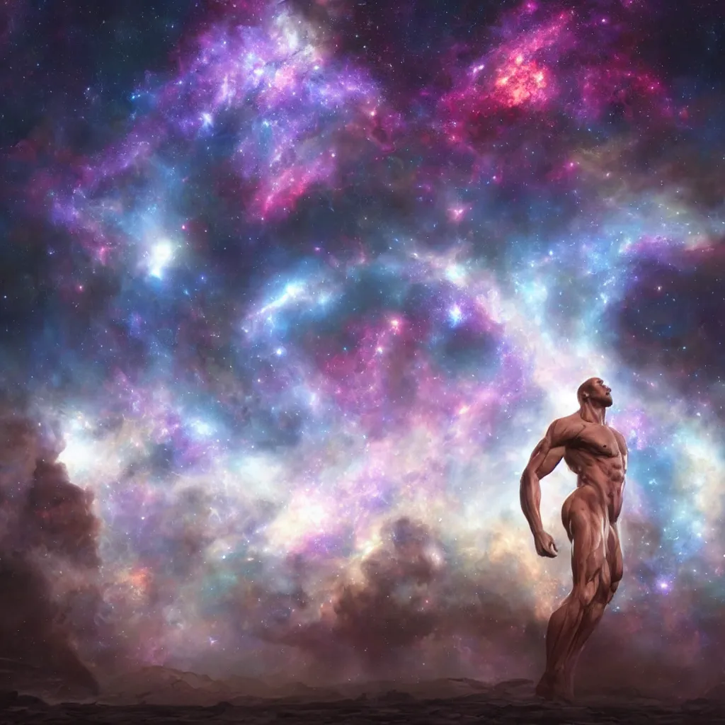 Image similar to cosmic mega giga chad, nebula in background,, details face, detailed body, unreal engine, by popular digital artist, digital, artstation, detailed body muscle, many muscle, heavenly atmosphere, digital art, overdetailed art, trending on artstation, cgstudio, the most beautiful image ever created, dramatic, award winning artwork, beautiful scenery