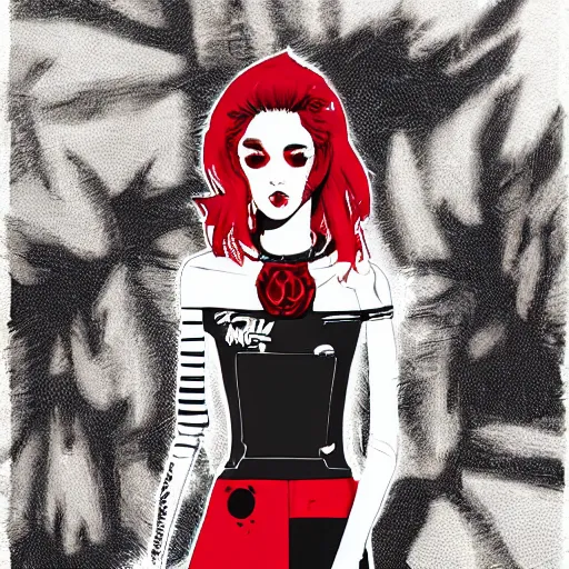 Image similar to Highly detailed portrait of pretty punk zombie young lady with, freckles and beautiful hair by Atey Ghailan, by Loish, by Bryan Lee O'Malley, by Cliff Chiang, inspired by image comics, inspired by graphic novel cover art, inspired by izombie, inspired by scott pilgrim !! Gradient red, black and white color scheme ((grafitti tag brick wall background)), trending on artstation