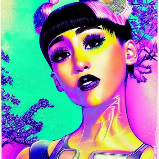 Prompt: very beautiful maximalist portrait painting of a black bobcut hair style ariana grande in a blend of manga - style art, augmented with vibrant composition and color, all filtered through a cybernetic lens, by hiroyuki mitsume - takahashi, pastel, cmyk, cyan, magenta, yellow, black