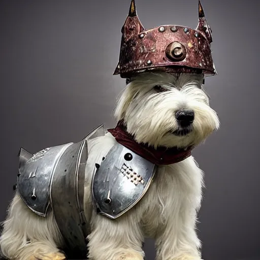 Image similar to “ west highland terrier clad in iron armor with spikes, with a gun glued to his head. ”