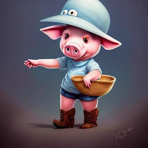 Image similar to cute little anthropomorphic funny female pig wearing shorts, a hat, boots and a pale blue shirt!! tiny!! fully clothed!!! small, short, cute and adorable, character art portrait, matte fantasy painting, deviantart artstation, by jason felix by steve argyle by tyler jacobson by peter mohrbacher, cinema