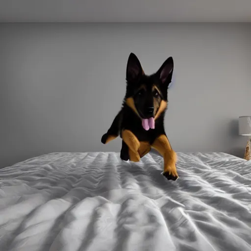 Prompt: in my bedroom my gsd puppy gets the'zoomies'and jumps around on the bed and color comforter. high energy, frenetic craziness, running, jumping, and chasing. cg animation, 3 d octane render, imax 7 0 mm, rtx