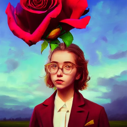 Prompt: closeup, huge rose flower head, portrait, girl in a suit, surreal photography, sunrise, blue sky, dramatic light, impressionist painting, digital painting, artstation, simon stalenhag