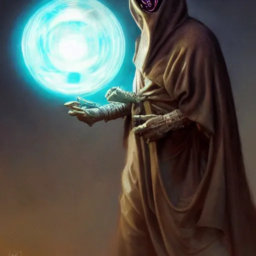 Image similar to masked nomad male wearing a cloak and holding a holographic planet projection in his hand, detailed, sci - fi, digital painting, artstation, sharp focus, illustration, ominous, artgerm, tomasz alen kopera, peter mohrbacher, donato giancola, joseph christian leyendecker, wlop, frank frazetta