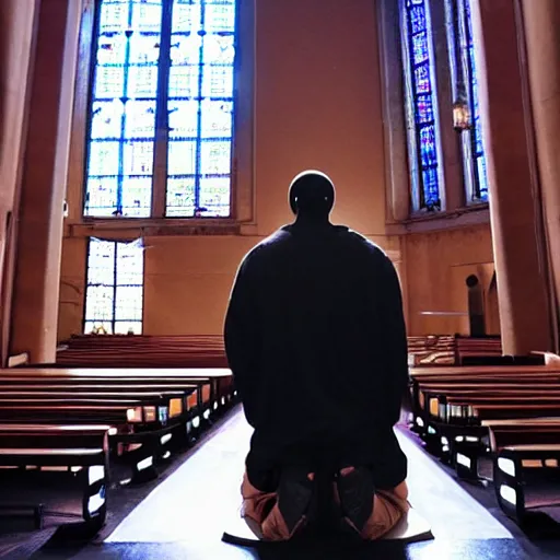 Prompt: kanye west praying in a church