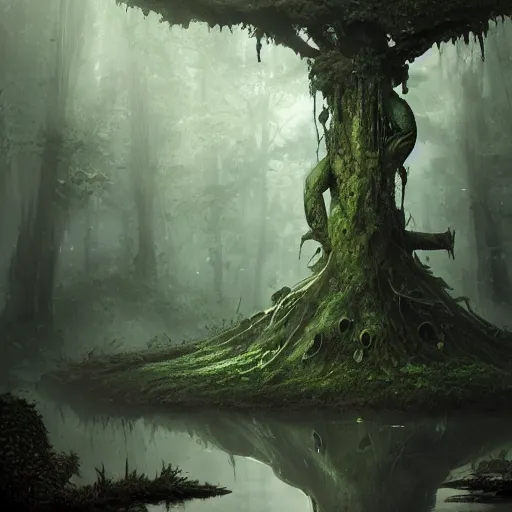 Image similar to living tree, tree has legs and eyes, in the shape of a frog, swamp, greg rutkowski, trending on art station, highly detailed, magic the gathering, matte painting