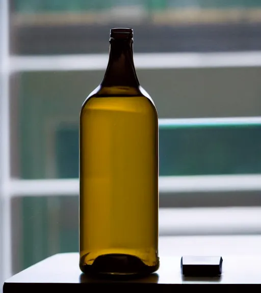 Image similar to a 4 k photorealistic photo of a bottle on a desk infront of a window. good reflections.