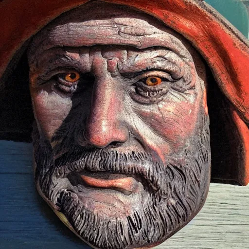 Image similar to hyper realistic closeup bust of a new england fisherman, painted, colorized, bossons vintage chalkware,