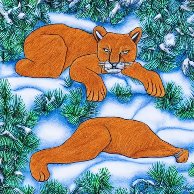 Prompt: crayon colouring book showing 'a cougar sleeping in the middle of snowy pine tree' laying on coffee table, zoomed out shot, HD