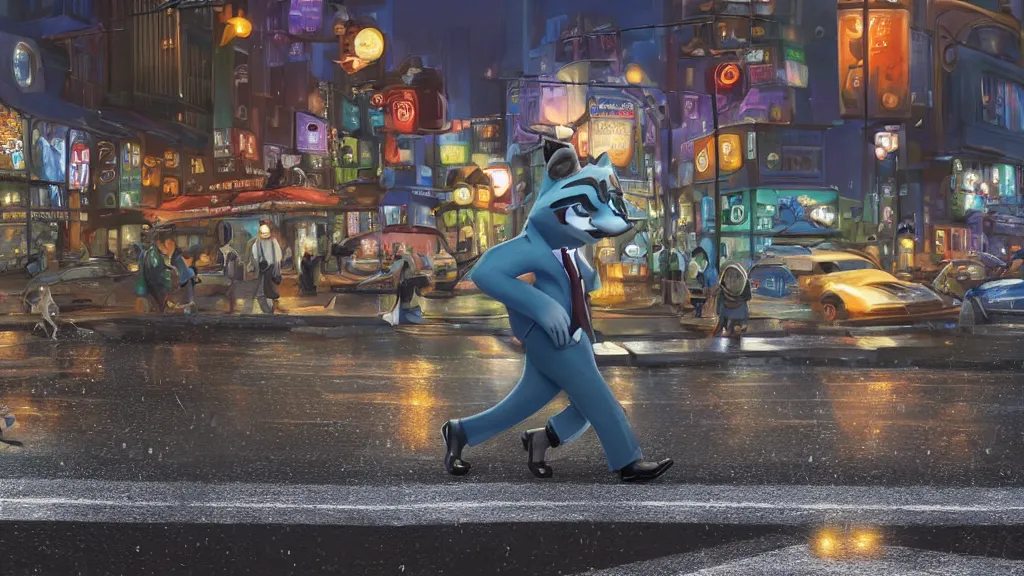 Image similar to A cute anthropomorphic raccoon businessman is walking down a busy crosswalk at in the rain at night, cold lighting with an blue glow coating the cityscape from the city lights, zootopia, other anthropomorphic characters are walking by him, extremely detailed, HDR, sideview, solemn and moody, many cars and animal people in the background, detailed face and eyes, large eyes with visible pupils, the road is wet with many rain puddles, reflections from the water on the ground, he is carrying a black briefcase, depressing feelings, sadness, expressive face