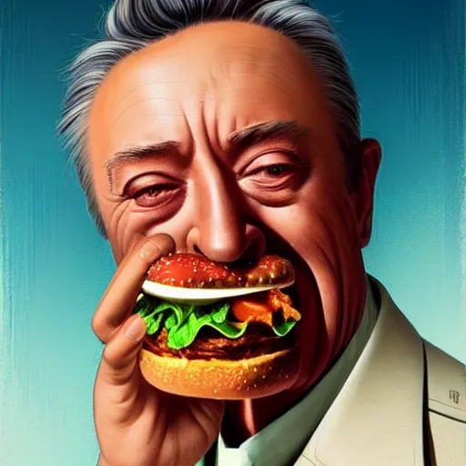 Prompt: a highly detailed epic cinematic concept art CG render digital painting artwork costume design: Robert Mitchum as a 1950s bus driver eating a massive hamburger, voluptuous sesame seed bun, extra ketchup and pickles and onions . By Greg Rutkowski, Ilya Kuvshinov, WLOP, Stanley Artgerm Lau, Ruan Jia and Fenghua Zhong, trending on ArtStation, subtle muted cinematic colors, made in Maya, Blender and Photoshop, octane render, excellent composition, cinematic atmosphere, dynamic dramatic cinematic lighting, aesthetic, very inspirational, arthouse