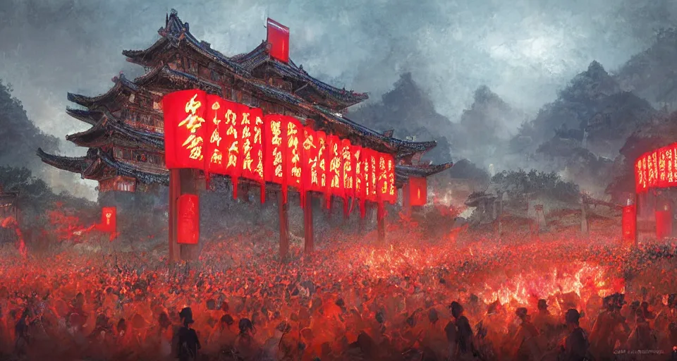 Prompt: craig mullins and ghibli digital art of zhongyuan festival in china ， red lanterns ， gohst door with fire in thes ky, black night sky, stars, below is the crowd, rivers, villages ， unreal engine, hyper realism, realistic shading, cinematic composition, realistic render, octane render, detailed textures, photorealistic, wide shot