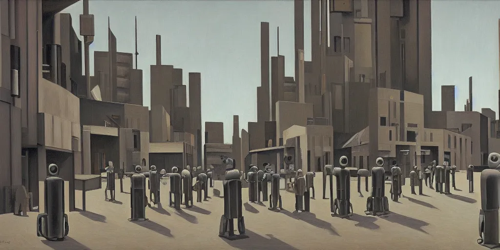 Prompt: robots queue up in a stark brutalist town, street elevation, grant wood, pj crook, edward hopper, oil on canvas