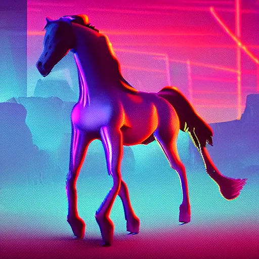 Image similar to A synthwave horse inspired by Tron. Trending on Artstation. Digital screenshot. Faded film grain. 1980s Computer Graphics.