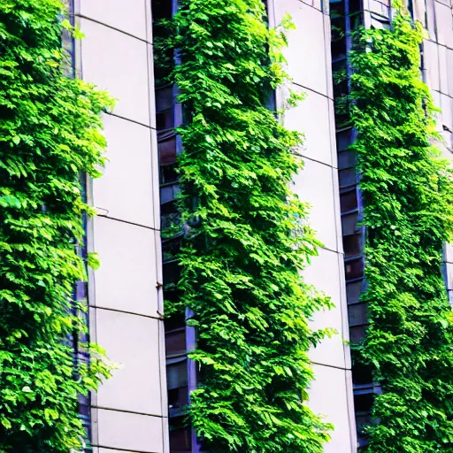 Image similar to hyperrealistic green foliage covering old buildings in some random city