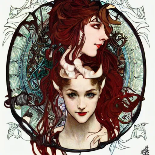 Prompt: in the style of artgerm, arthur rackham, alphonse mucha, evan rachel wood, symmetrical eyes, symmetrical face, flowing red dress