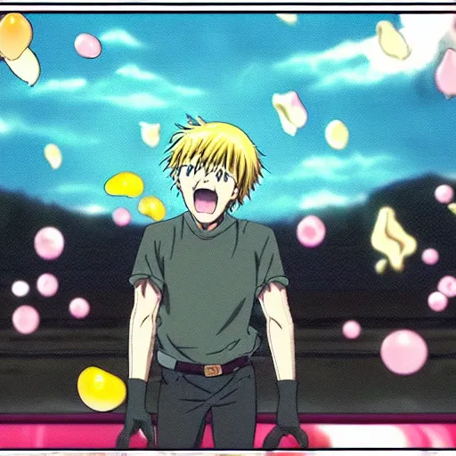 Image similar to a screen capture from an anime of a man, extremely excited about raining candy