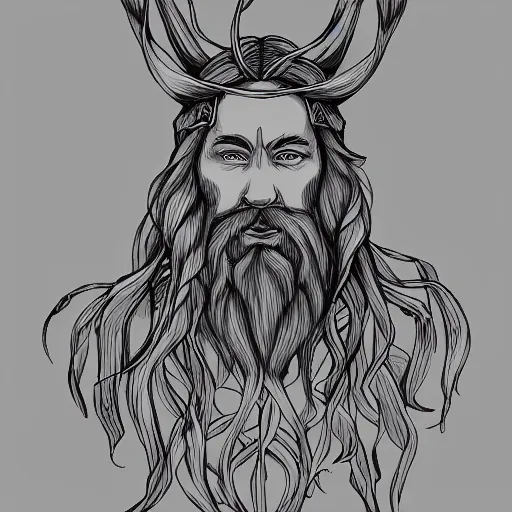 Image similar to huge male druid gray face pointy ears long beard with vines as hair hibiscus flowers detailed drawing