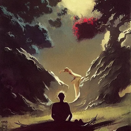 Image similar to an Angel and a demon sitting on lawn chairs having a conversation across from each other in an other wise empty black void. John Harris. Frazetta. Sylvain Sarrailh