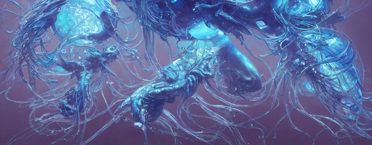 Image similar to Panorama hyper detailed painting of a cyberpunk jellyfish, blue tones, underwater, 8 mm, highly detailed, digital painting, artstation, concept art, smooth, sharp focus, illustration, art by artgerm and greg rutkowski and alphonse mucha