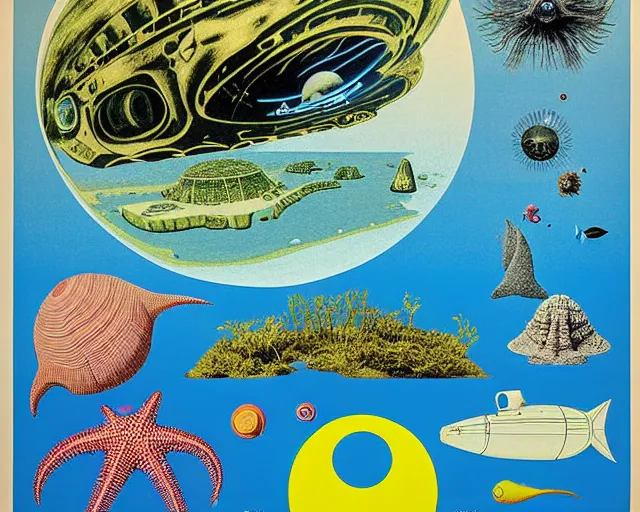 Prompt: 1976 science fiction poster, cut out, nouvelle vague, beach on the outer rim, epic theater, tropical sea creatures, aquatic plants, drawings in style of Terry Gilliam, composition William S Boroughs, written by Michael Ende