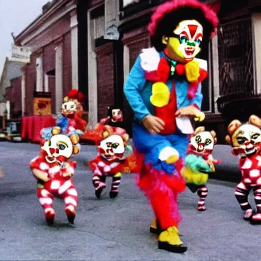 Image similar to garbage pail kids watching a gang of 1950s clown street performers,