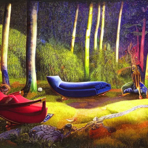 Image similar to psychedelic couch sofa in the lush pine forest, milky way, designed by arnold bocklin, jules bastien - lepage, tarsila do amaral, wayne barlowe and gustave baumann, cheval michael, trending on artstation, star, sharp focus, colorful refracted sparkles and lines, soft light, 8 k 4 k