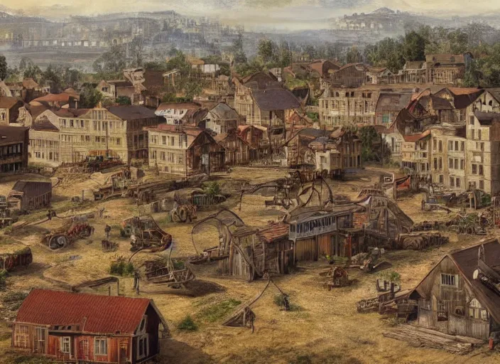 Prompt: realistic photo of a town, settlement, buildings, detailed scenery, modern time period