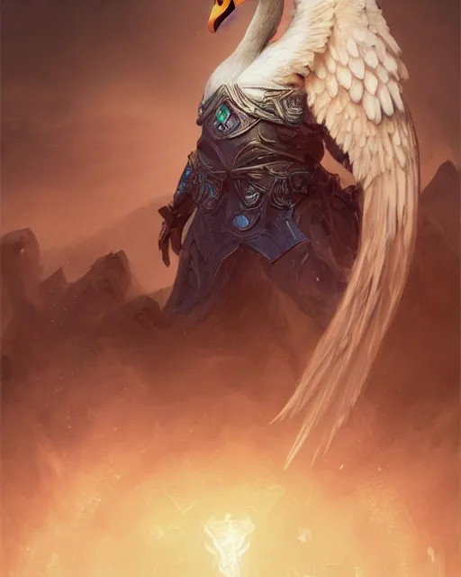 Image similar to Swan, Anthropomorphized, Angelic, Magical, D&D, artstation, fantasy, magic the gathering artwork, cinematic lighting, centered, symmetrical, highly detailed, digital painting, , concept art, smooth, sharp focus, illustration, volumetric lighting, epic Composition, 8k, art by Akihiko Yoshida and Greg Rutkowski and Craig Mullins, oil painting, cgsociety