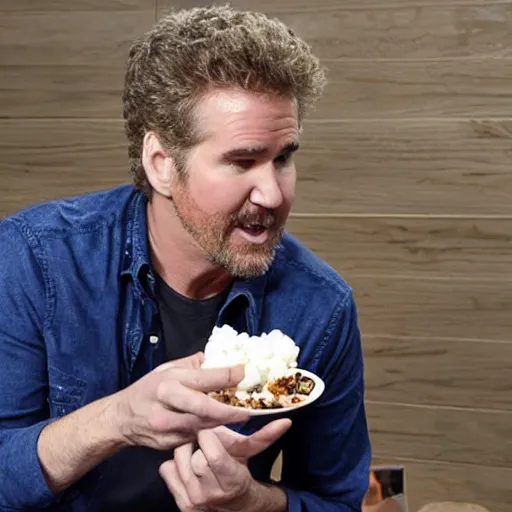 Image similar to will farrell eating handful of cottage cheese in albuquerque