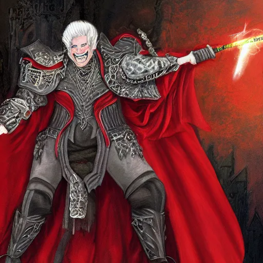Prompt: a detailed fantasy painting of a handsome smug vampire called edgar markov with white hair and glowing red eyes, stand in center with open arms, wearing metal ornate armor with red details. other vampires surround him and are helping him put on a cape and preparing his sword. in the style of mark tedin.