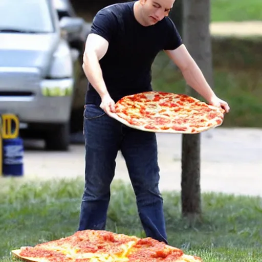 Prompt: tobey maguire eating the biggest pizza in the world