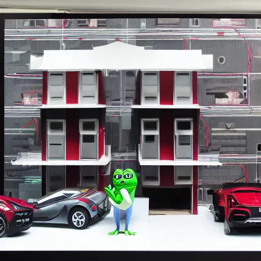 Prompt: architectural model + pepe the frog + ferrari, studio lighting, low contrast, single building, arsitektur nusantara, dynamic lighting, 1 0 0 0 0 mm,, depth detailed