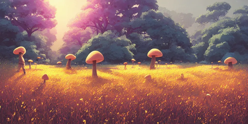 Prompt: stormy backlight grass field wildflowers trees rock floor mushrooms game background median photoshop filter cutout vector behance hd by jesper ejsing, by rhads, makoto shinkai and lois van baarle, ilya kuvshinov, rossdraws, illustration, art by ilya kuvshinov and gustav klimt