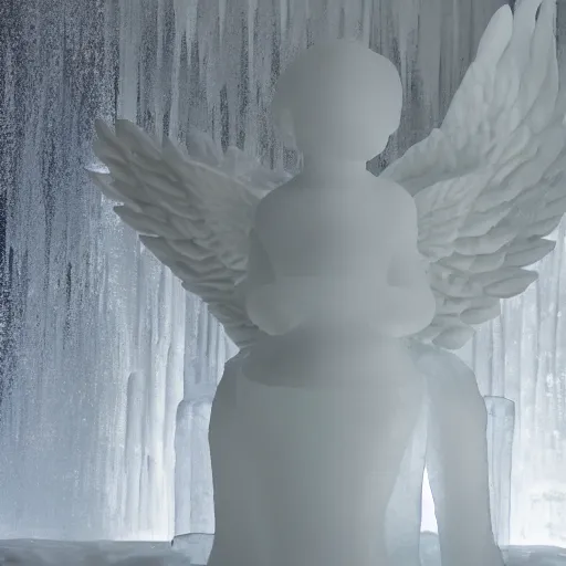 Prompt: ice sculpture of an angel on display in a massive empty white room