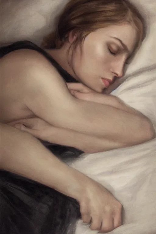 Prompt: hyperrealism, close-up portrait of beautiful young woman sleeping in black sheets, soft light, in style of classicism