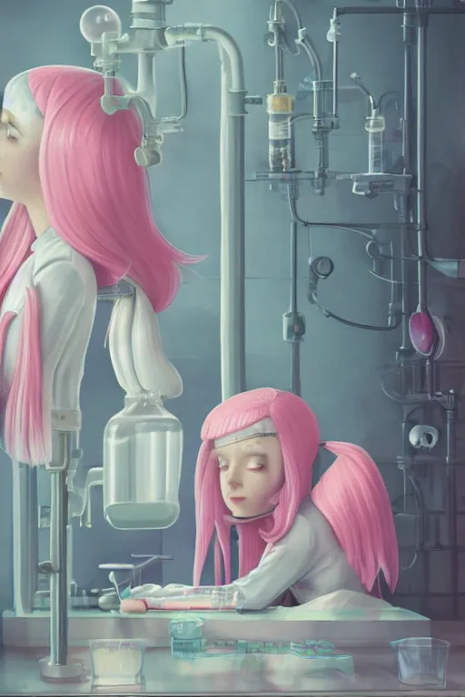 Image similar to highly detailed, industrial photography, profile view of adult princess bubblegum from adventure time, working in her science lab, wearing lab coat, long bubblegum hair, long straight bangs, confident, beautiful, attractive, illustration concept art by nicoletta ceccoli, mark ryden, lostfish, detailed and intricate environment, 8 k resolution, hyperrealistic, octane render