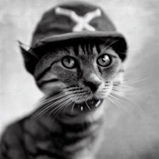 Image similar to Close up of a cat wearing John cena clothes in the Raw arena, ww2 historical photography, black & white
