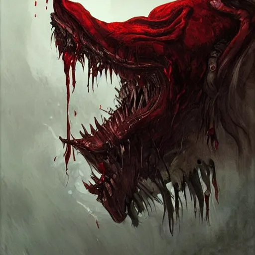 Image similar to Dark Fantasy Painting of a muscular red beast with blood dripping from its mouth, creepy, unsettling, horror, upper body, intricate, wild, highly detailed, digital painting, artstation, concept art, smooth, sharp focus, illustration, art by artgerm and greg rutkowski and alphonse mucha