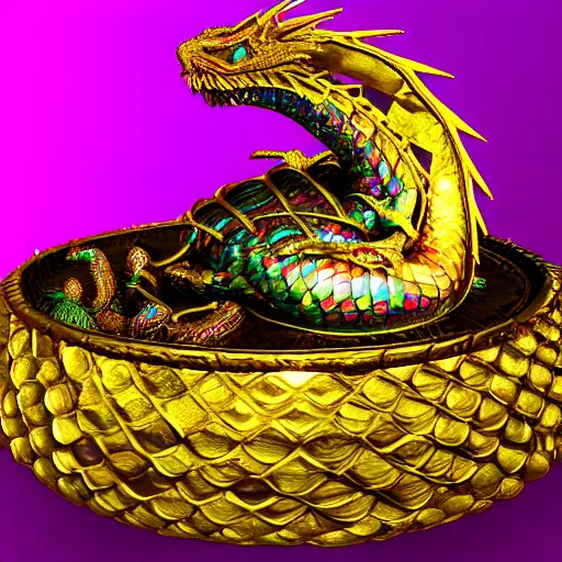 Image similar to colorful, glowing, metallic dragon scale egg sitting on a nest of gold objects, photorealistic, symmetrical, unreal engine