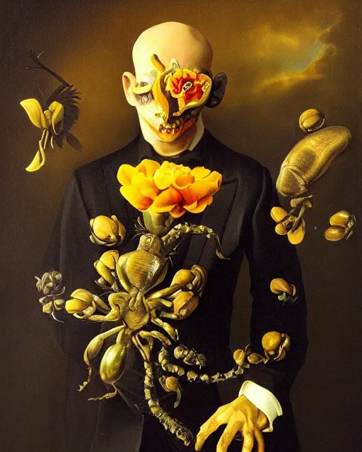 Image similar to refined gorgeous blended oil painting with black background by christian rex van minnen rachel ruysch dali todd schorr chiaroscuro portrait extremely bizarre disturbing mutated man beautiful suit made of still life flowers and rubber insects with shiny skin dutch golden age vanitas intense chiaroscuro cast shadows obscuring features dramatic lighting perfect symmetry perfect composition masterpiece