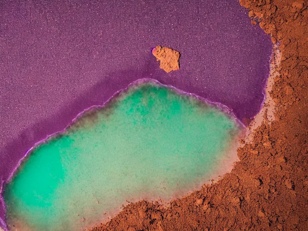 Image similar to purple table, red sand beach, green ocean, nebula sunset